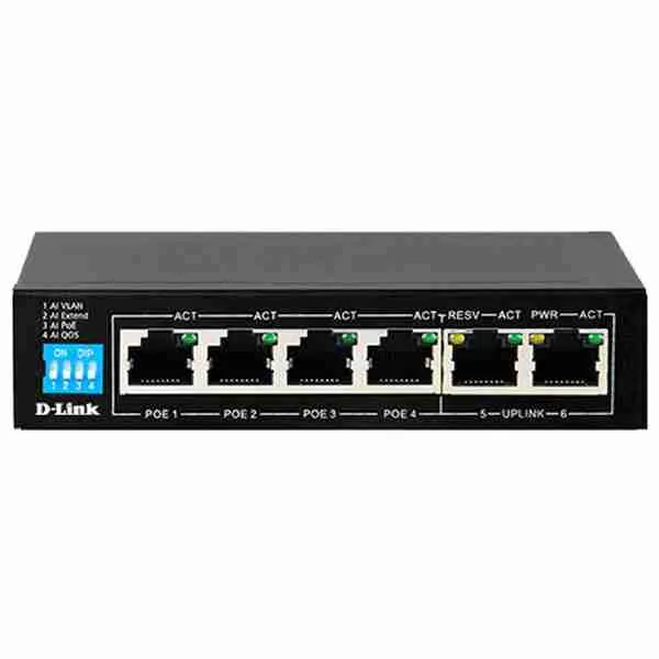 D-Link-250M-6-Port-1000Mbps-Switch-with-4-PoE-Ports-and-2-Uplink-Ports-DGS-F1006P D-Link 6-Port Gigabit PoE Switch