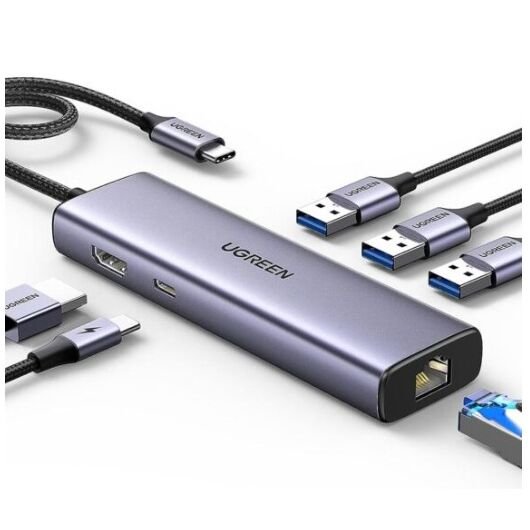 UGREEN 6 in 1 Multifunction Adapter, USB-C To USB 3.0 A ( 3 port ) + 4K HDMI + RJ45 + PD Converter-CM512-UG- 15598