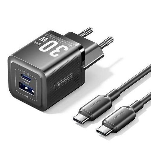 Vention 2-Port USB (C + A) GaN Charger (30W/30W) with USB-C to USB-C Cable (1M) UK-Plug White- TZ-FEQW0-UK-01