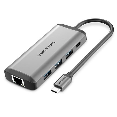 Vention USB C Multi-function 8 in 1 Docking Station to HDMI/USB3.0x3/RJ45/SD/TF/PD Docking Station 0.15M Gray Aluminum Alloy Type (100w)- TOKHB