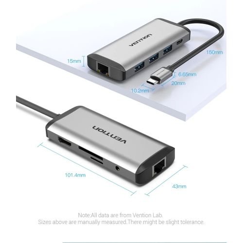 Vention USB C Multi-function 9 in 1 Docking Station Type-C to HDMI/USB3.0*3/TF/SD/RJ45/3.5mm/PD Docking Station 0.15m Gray Metal Type ( 87W)- THAHB